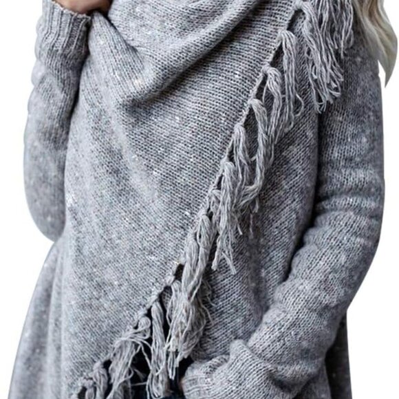 Women's Tassel Hem Sweater Long Cardigan Knitwer Pullover Poncho Coat